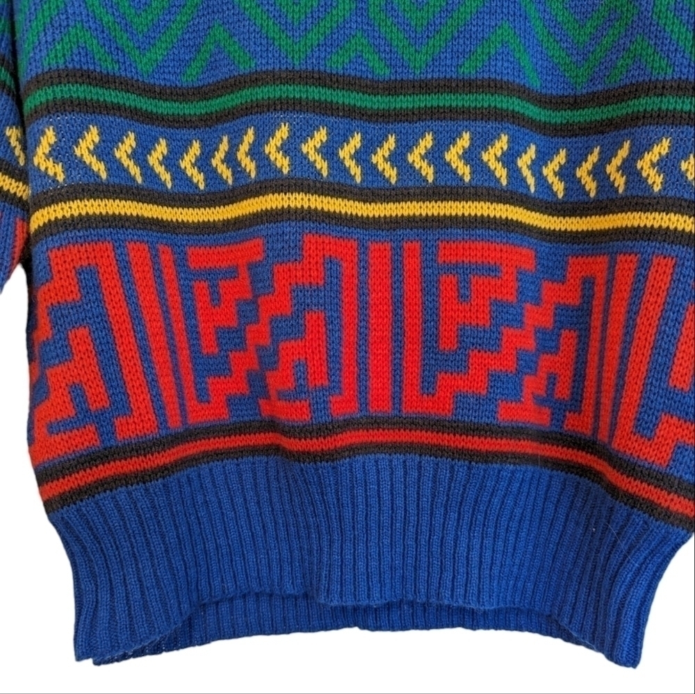 Vintage 90s Nordic Geometric Ski Sweater Blue Colorful Cabin Grandpa Knit S - Picture 7 of 8